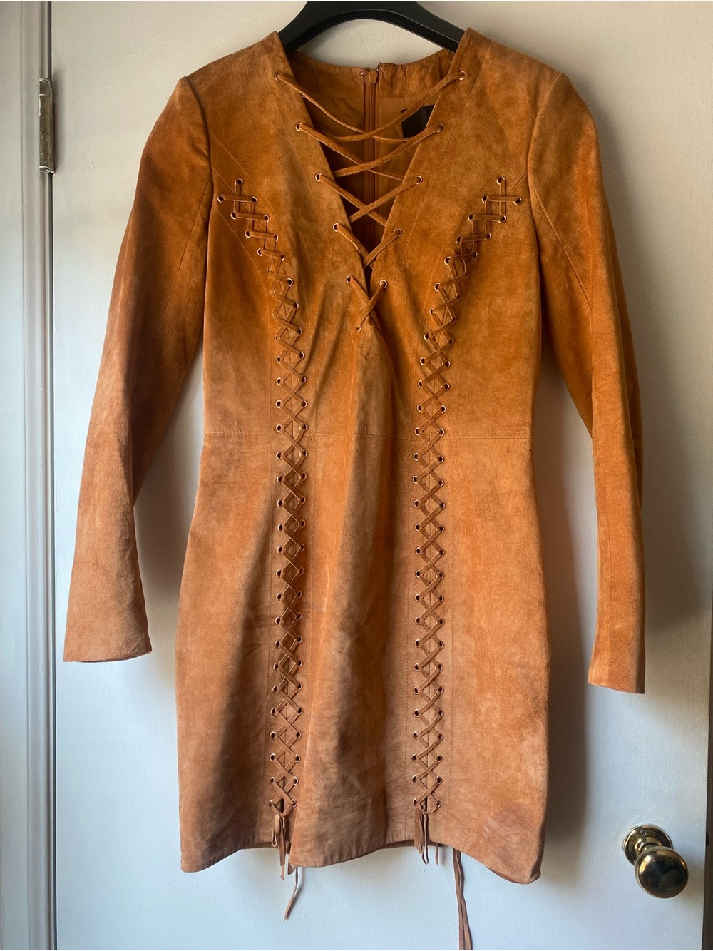 100% leather outer INTERMIX Suede Lace-Up Mini Dress in Camel